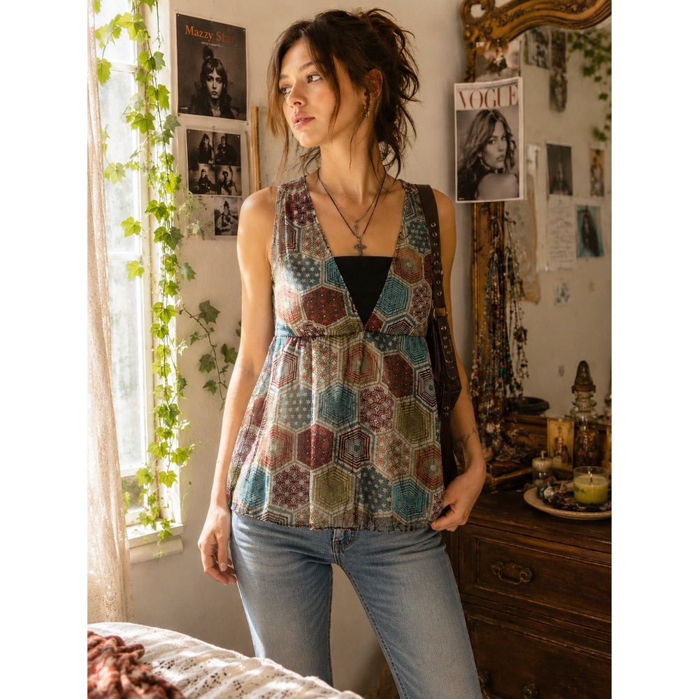 Y2K Geometric Patchwork Mesh Babydoll Top Womens M Boho Fairy Grunge Sheer